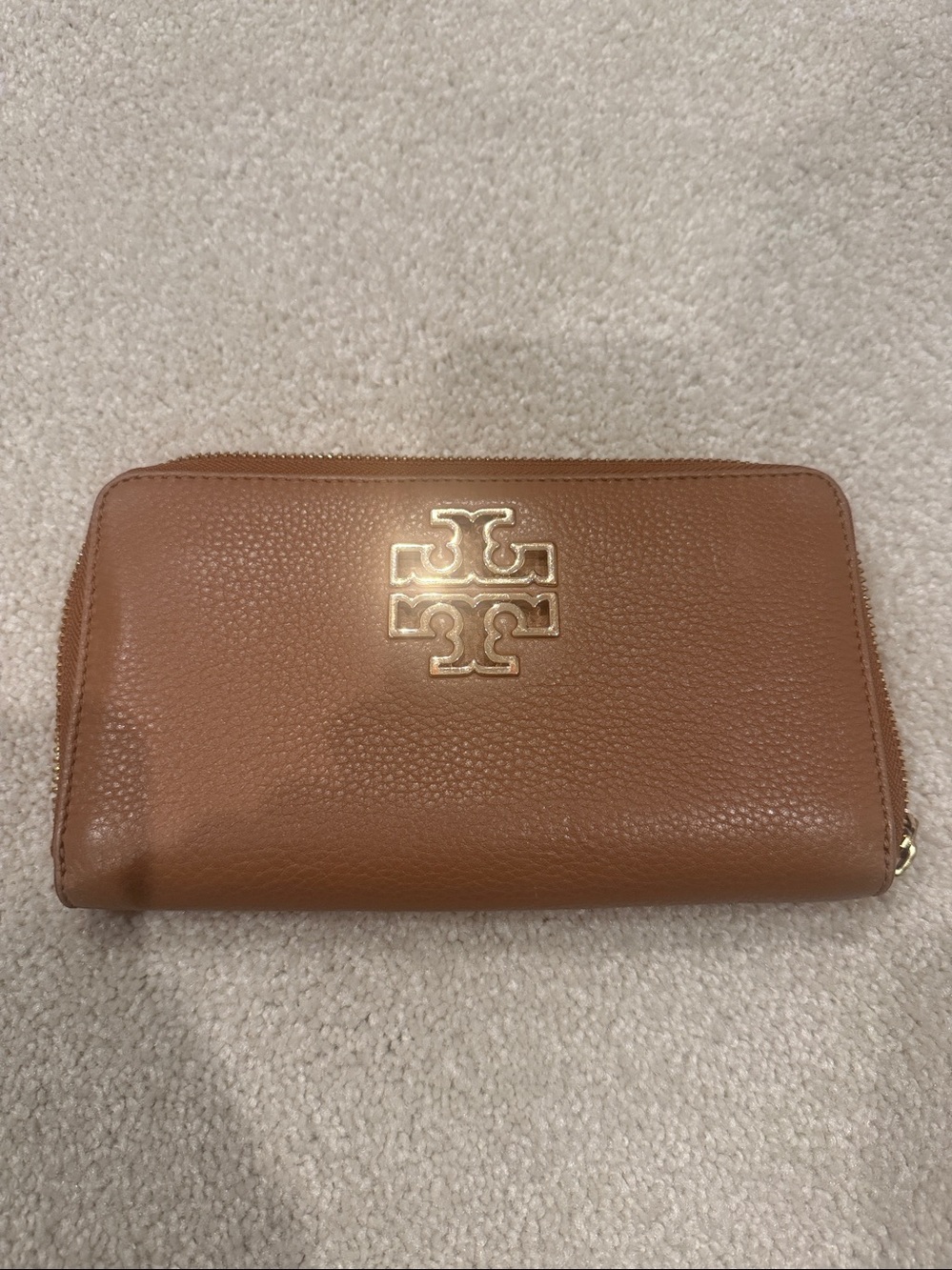 Tory Burch Pebbled Leather Zip Pouch in Brown with Gold Logo
